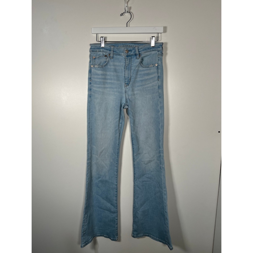 American Eagle Super High-Rise Flare Light Wash Next Level‎ Stretch Jeans Size 8
